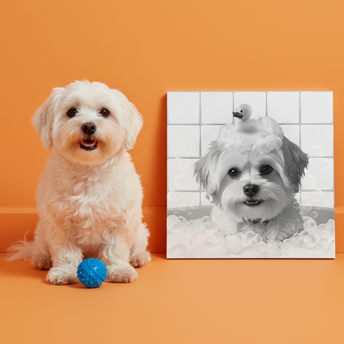 Personalisiertes Tierportrait im Badezimmer am Baden