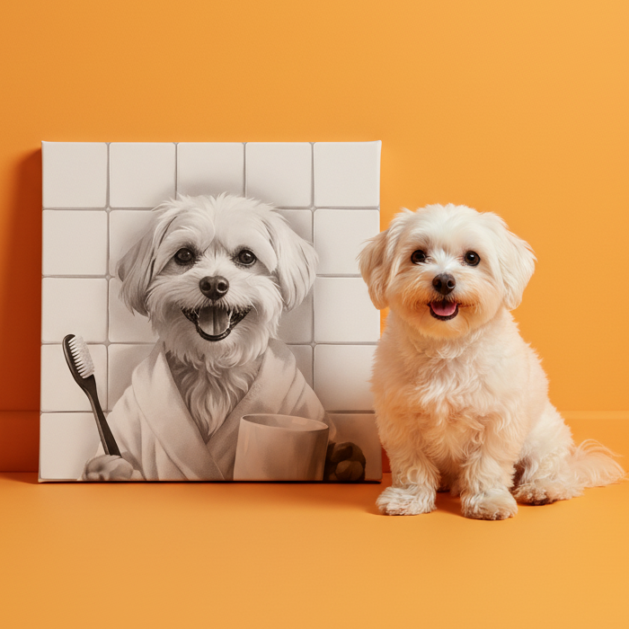 Personalisiertes Tierportrait im Badezimmer mit Zahnbürste