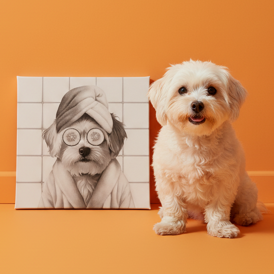 Personalisiertes Tierportrait im Badezimmer mit Gurkenscheiben