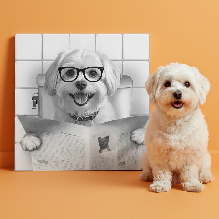 Personalisiertes Tierportrait im Badezimmer mit Zeitung auf der Toilette