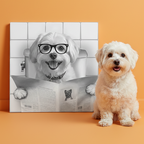 Personalisiertes Tierportrait im Badezimmer mit Zeitung auf der Toilette