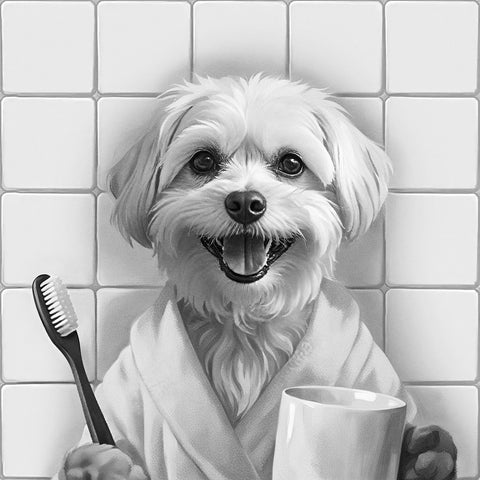 Personalisiertes Tierportrait im Badezimmer mit Zahnbürste