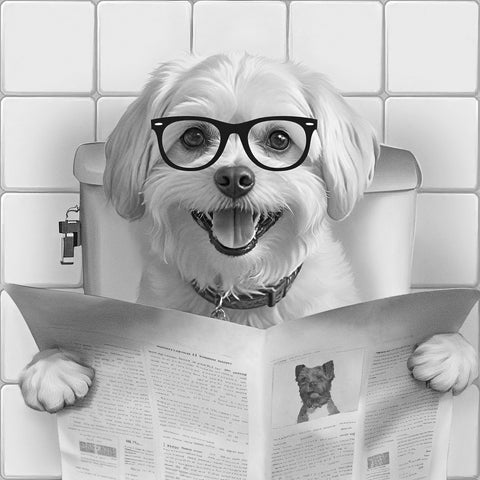 Personalisiertes Tierportrait im Badezimmer mit Zeitung auf der Toilette