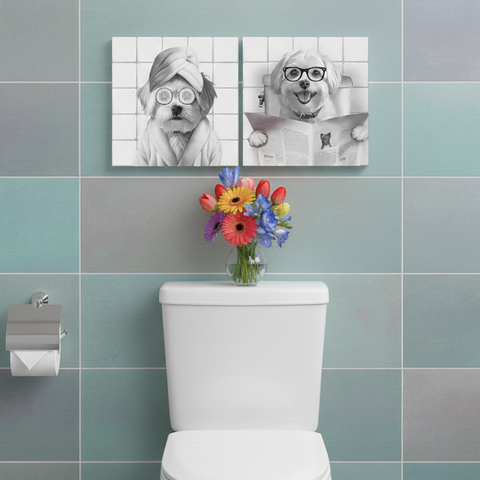 Personalisiertes Tierportrait im Badezimmer mit Zeitung auf der Toilette